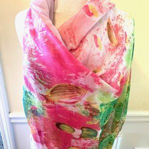 Ladies Abstract Oblong Fish Scarf Pink/Green/Yellow/White Soft 70.8" Long